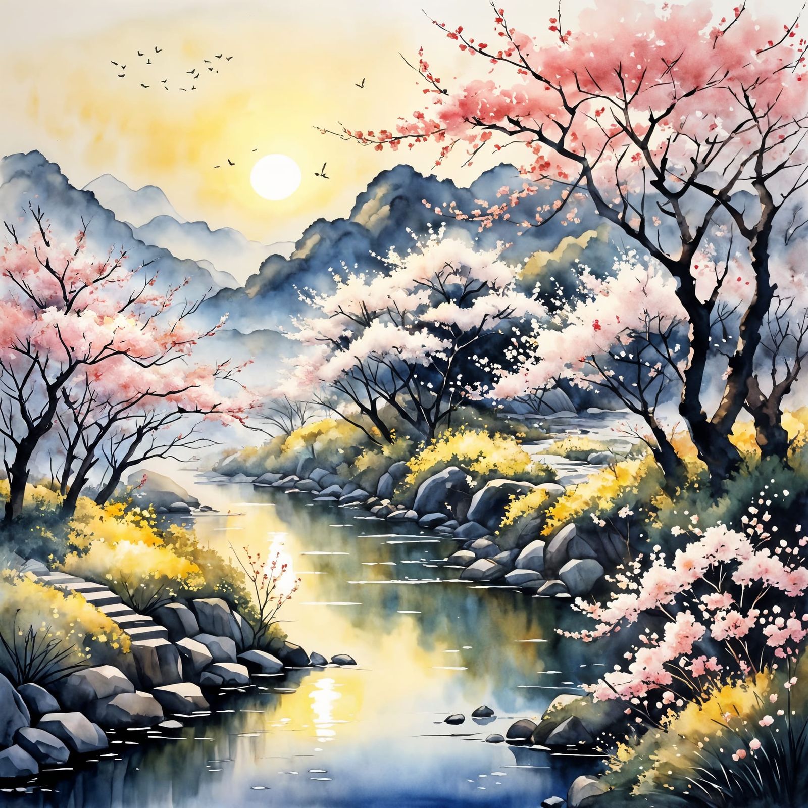 Cherry Blossoms in Watercolor Style