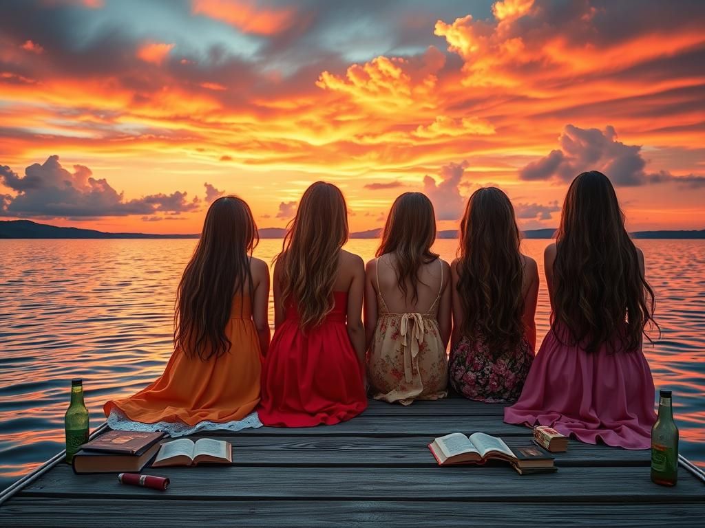 Dockside Dream: Girls at Sunset in Impressionist Style