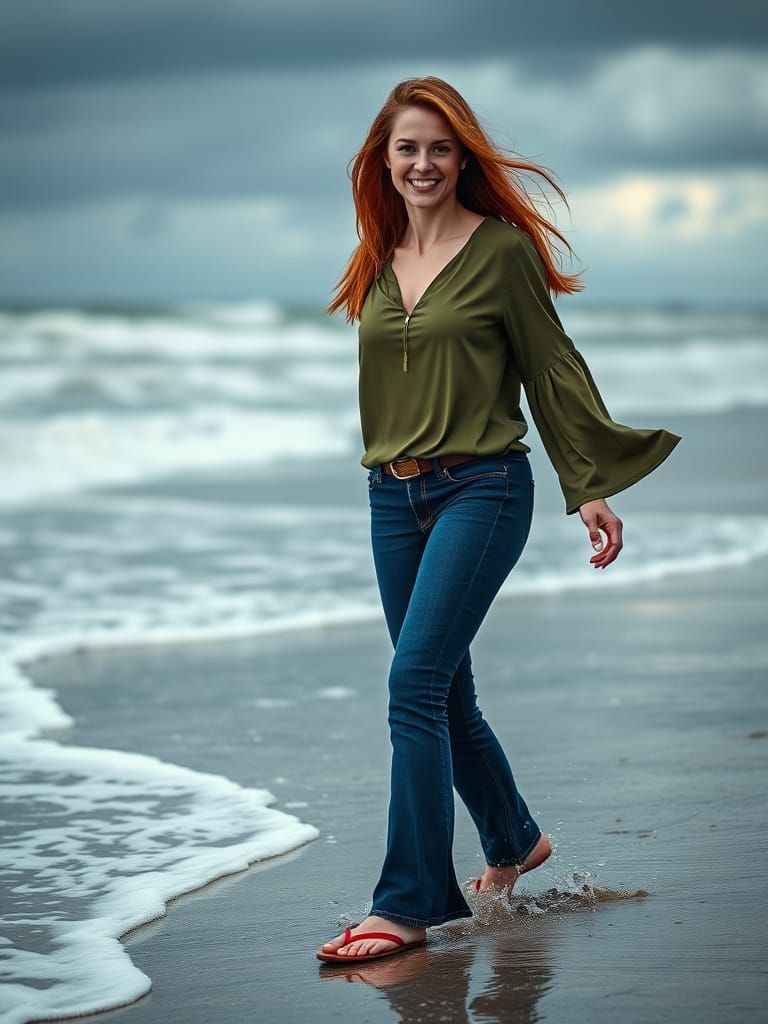 Woman Walks on Stormy Beach in Photo-Realistic Style