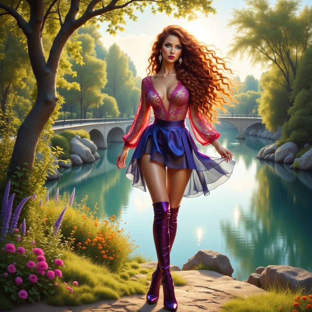 Ethereal Fantasy Woman by River in Whimsical Style