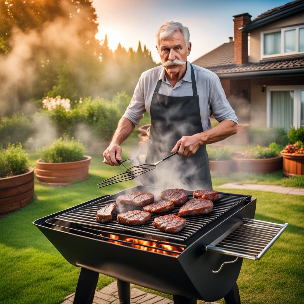 Man Grilling Steaks in Garden with HDR Resolution