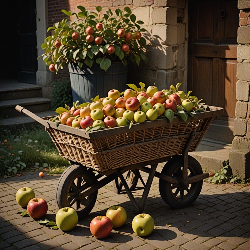 Warmth of Autumn: Vibrant Still Life with Wicker Wheelbarrow...