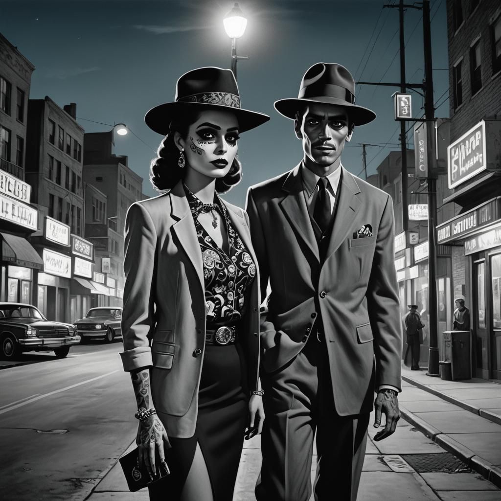 Film Noir Sugar Skull Zoot Suiter in Cityscape