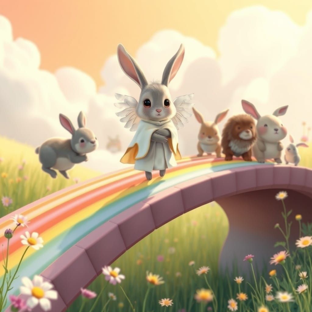 Whimsical Angel Bunny Guides Elderly Animals to Serene Meado...