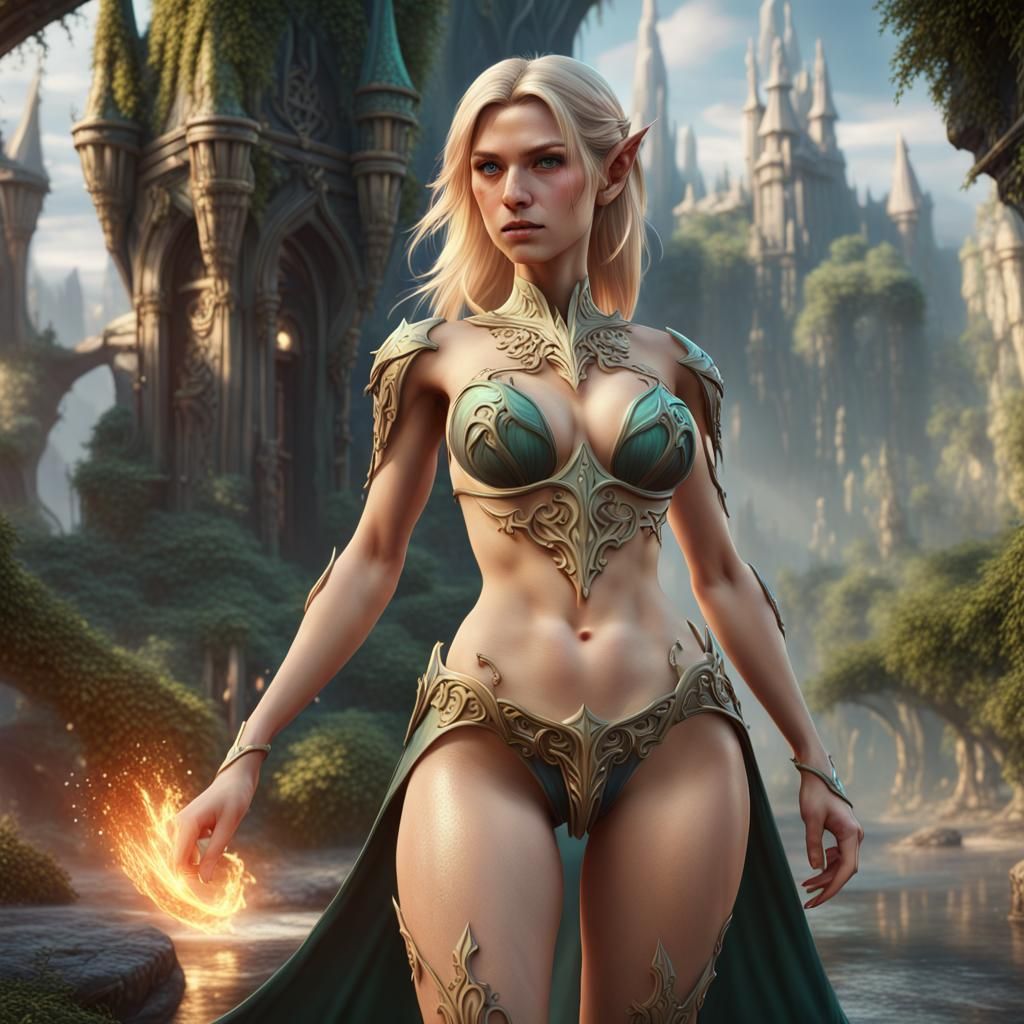 Beautiful Blonde Elf Woman in Detailed Digital Painting