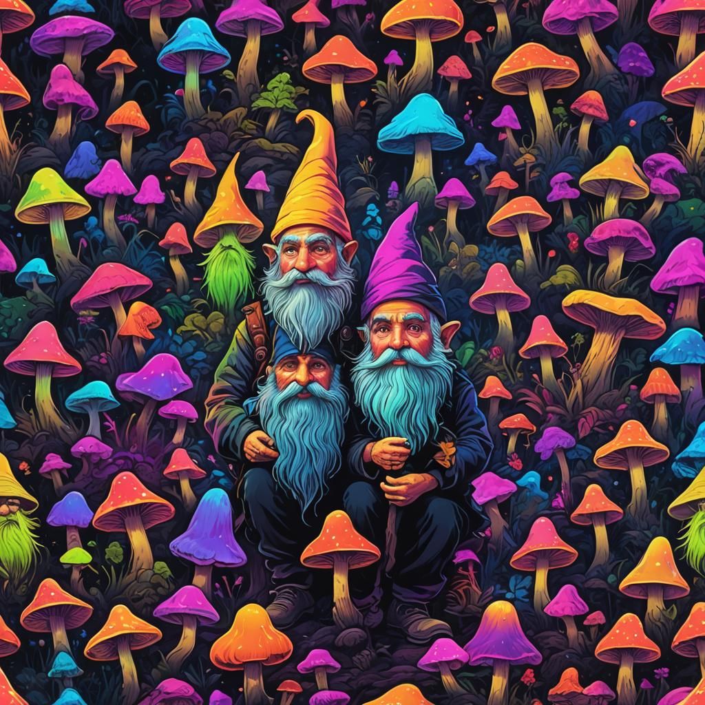 Psychedelic Gnome with Mushroom Hat in Synthwave Style