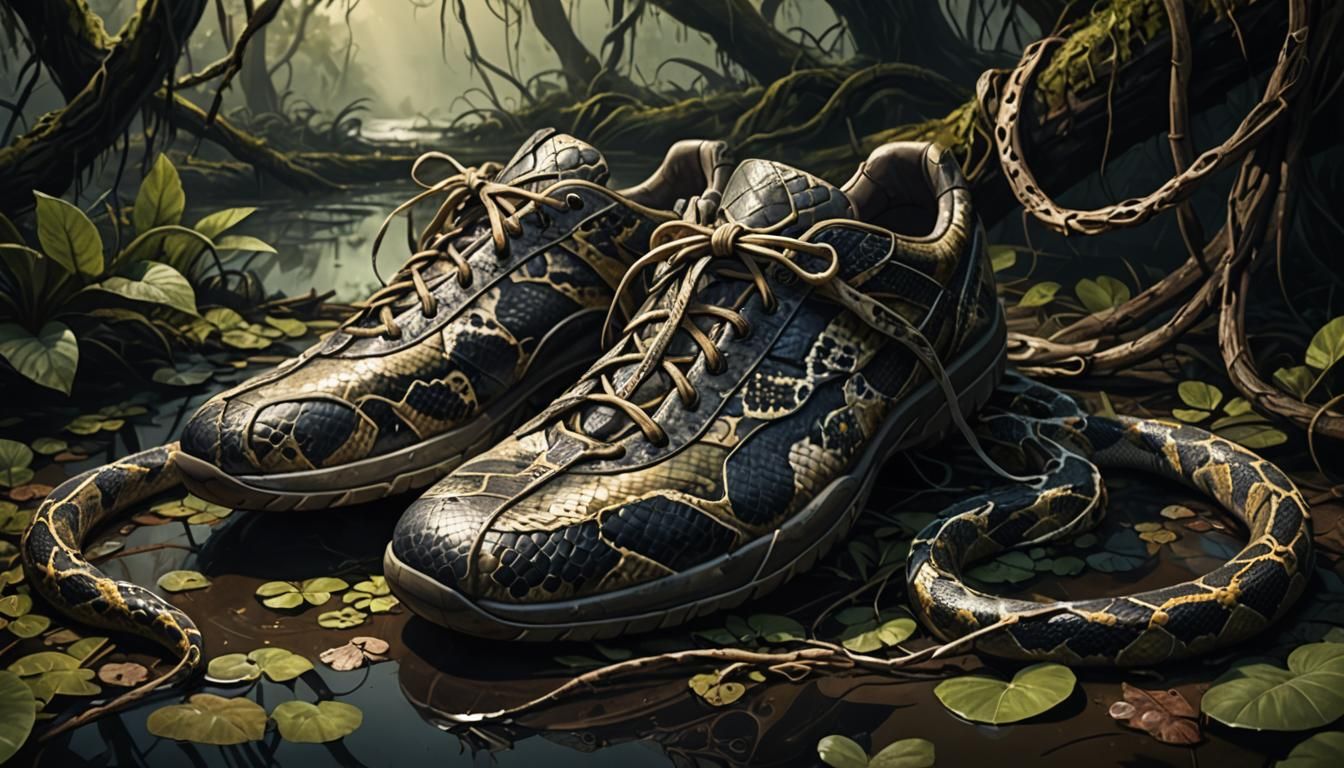 Python Coiled Around Shoes in Murky Swamp