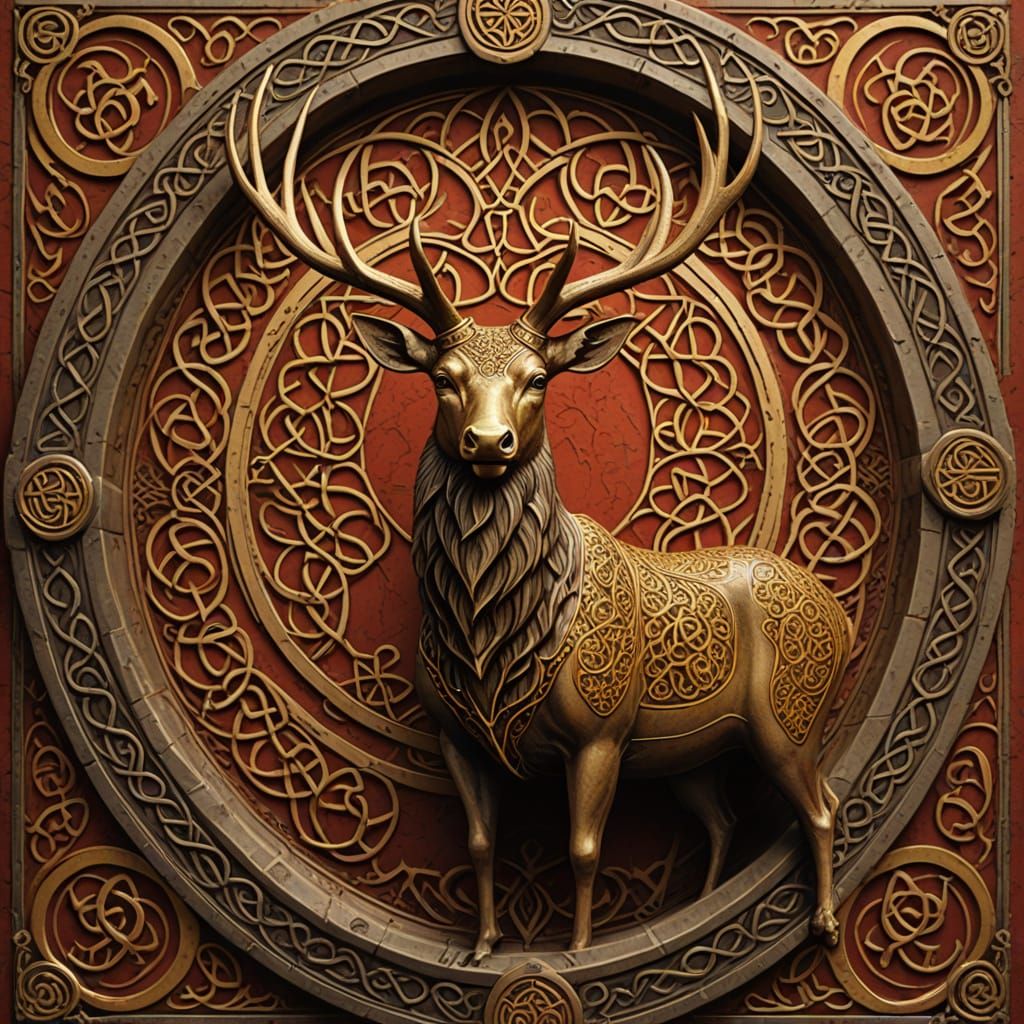 Golden Scyrhian Stag Heraldic Emblem in Ostrogothic Signis G...