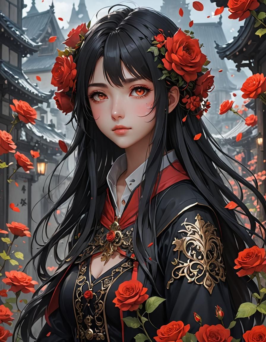 Anime Girl with Roses at Fairy Gate