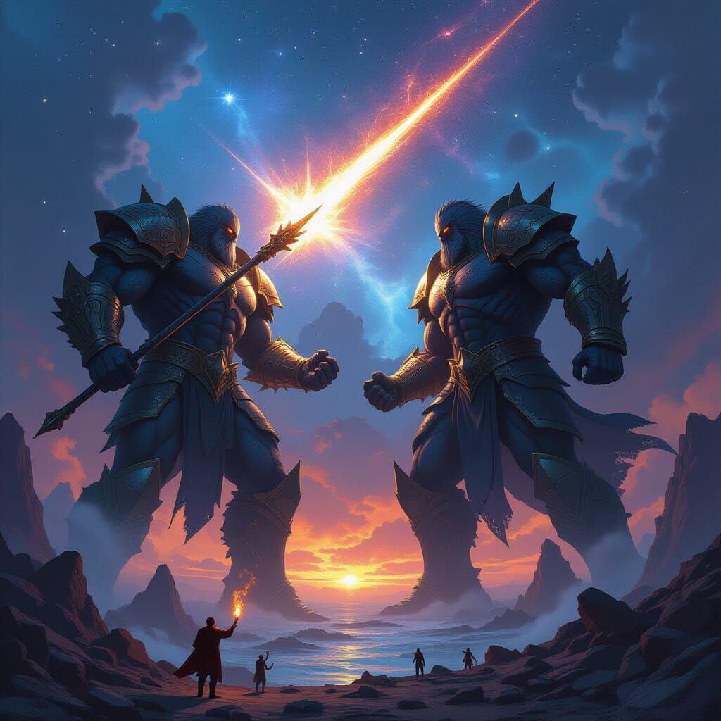 Cosmic Titans Battle Above Ruined World in Digital Matte Pai...