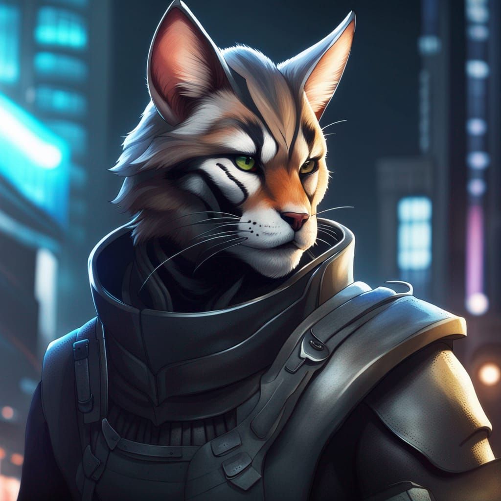 Futuristic Khajiit Warrior in Cyberpunk City