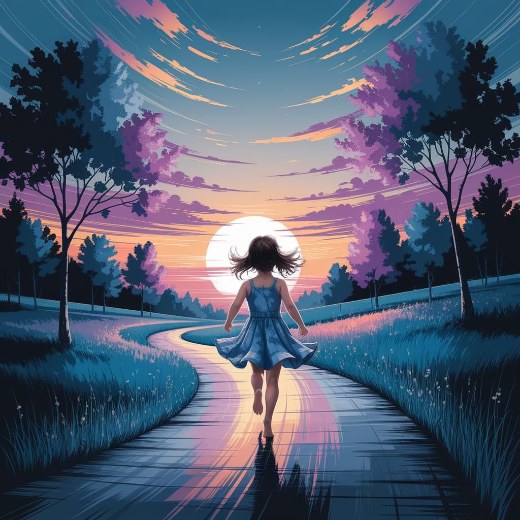 Girl Running into Sunset: Ethereal Impressionistic Style