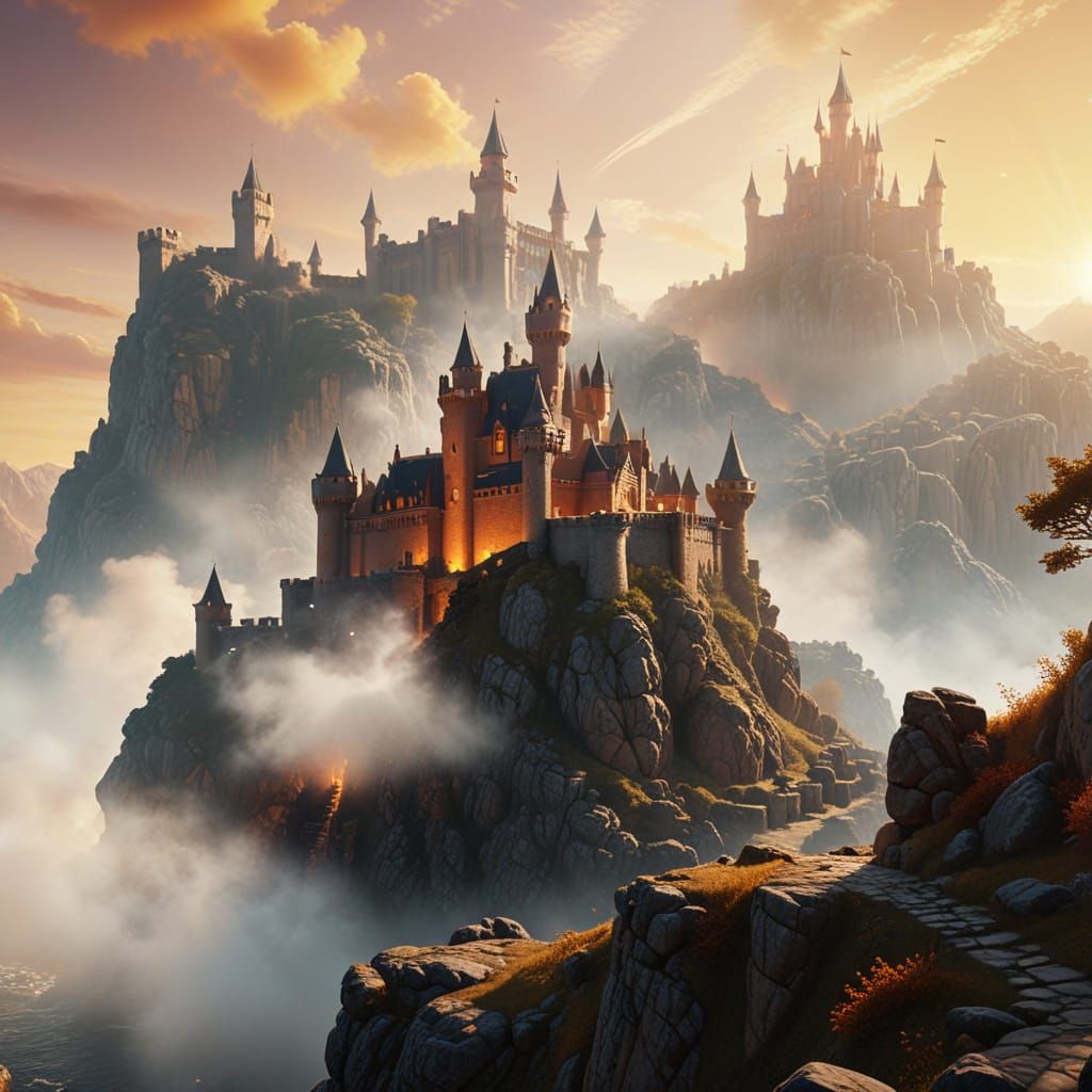 Fantasy Castle on Cliff at Sunset: Photorealistic Digital Ar...