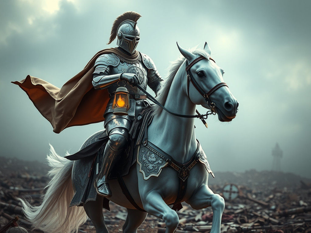 Whimsical Knight Rides Through Misty Battlefield