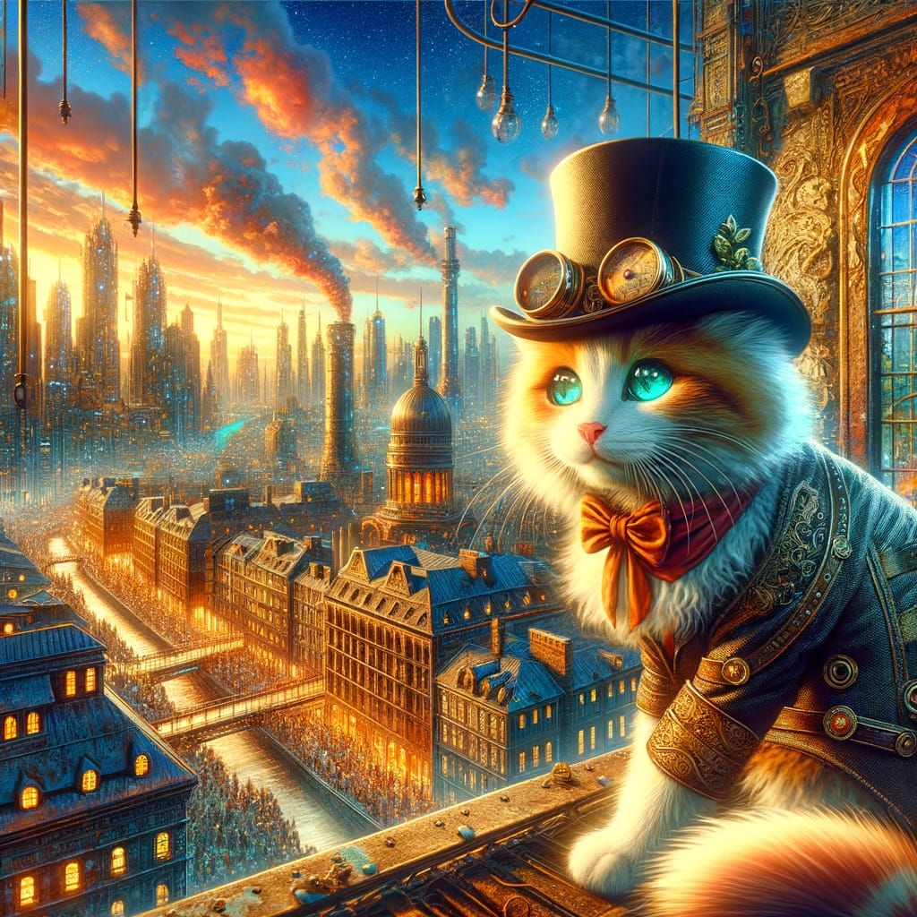 Steampunk Cat on Rooftop Overlooking Romantic Cityscape