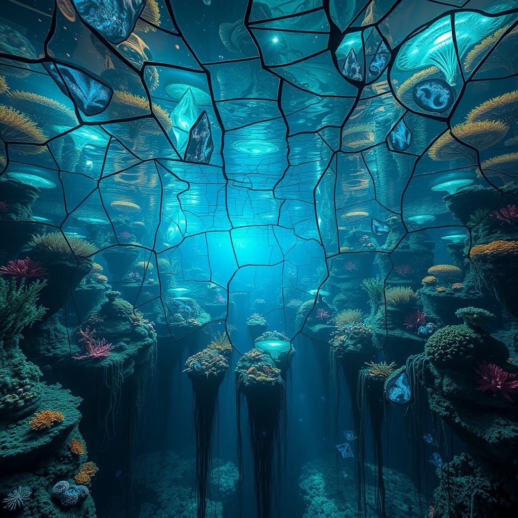 Surreal Underwater City of Cracked Mirrors in Vibrant Colors