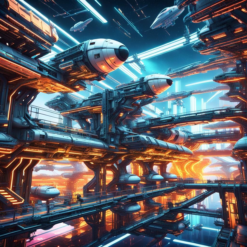 Futuristic Starships Docking at Space Station