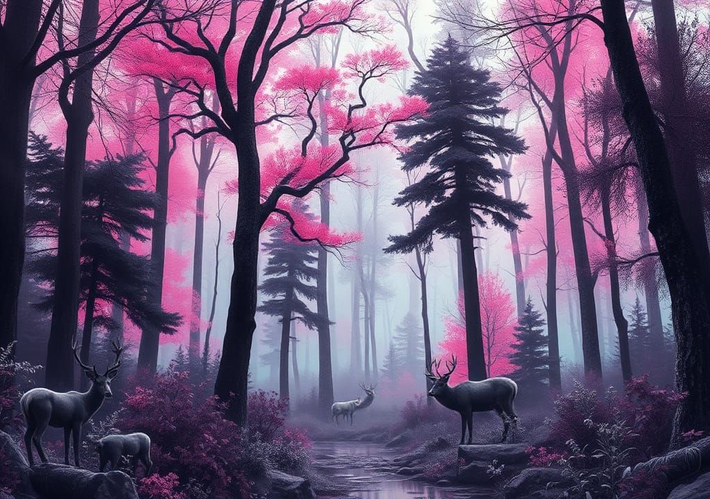 Monochrome Forest Scene with Watercolor Accents