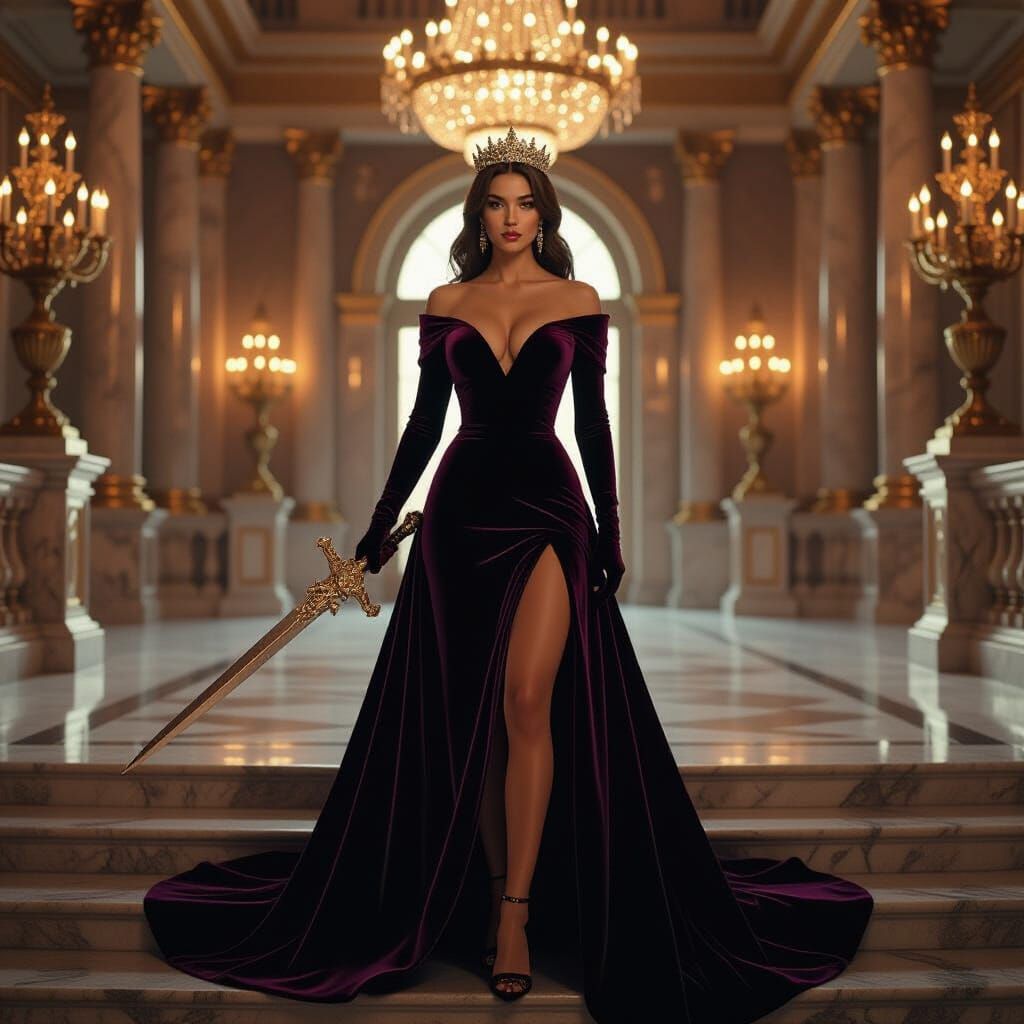 Fearless Princess with Jeweled Sword in Opulent Palace
