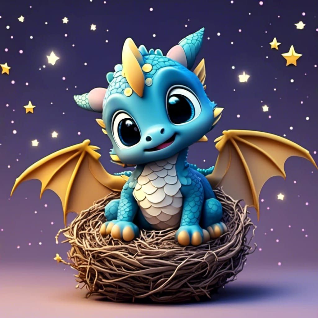 Adorable Baby Dragon in Nest, Kawaii Cartoon Style