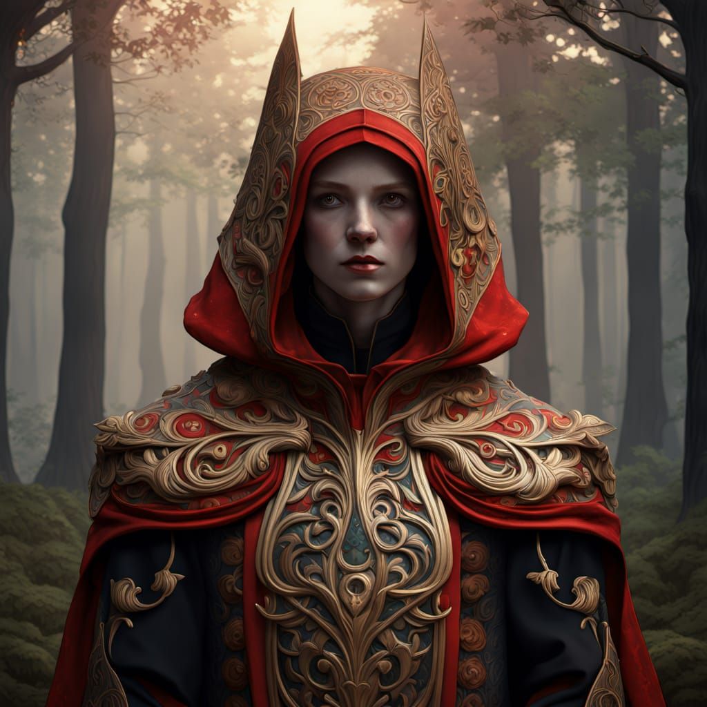 Ethereal Little Red Riding Hood in Golden Hour Majesty