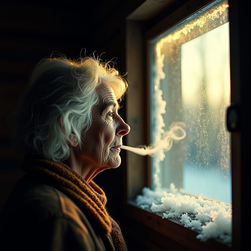 Elderly Woman Gazing Through Frosty Cabin Window