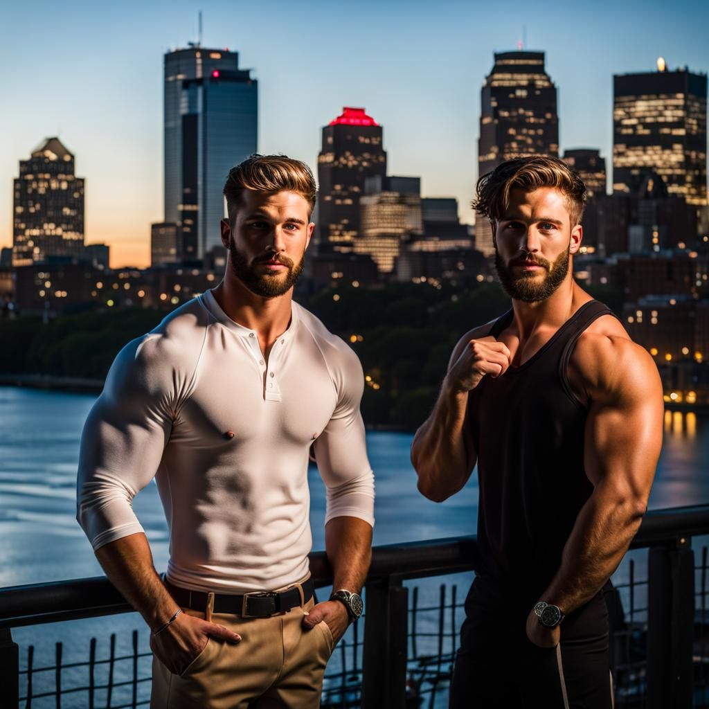 Blonde Man and Rugby Player with Boston Skyline
