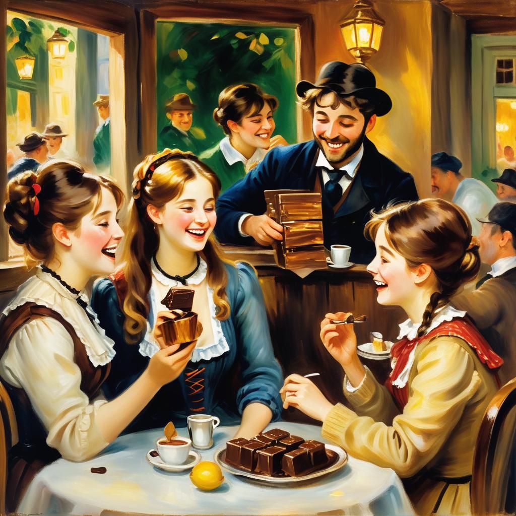 Friends Enjoying Chocolate in Cafe: Impasto Oil Painting