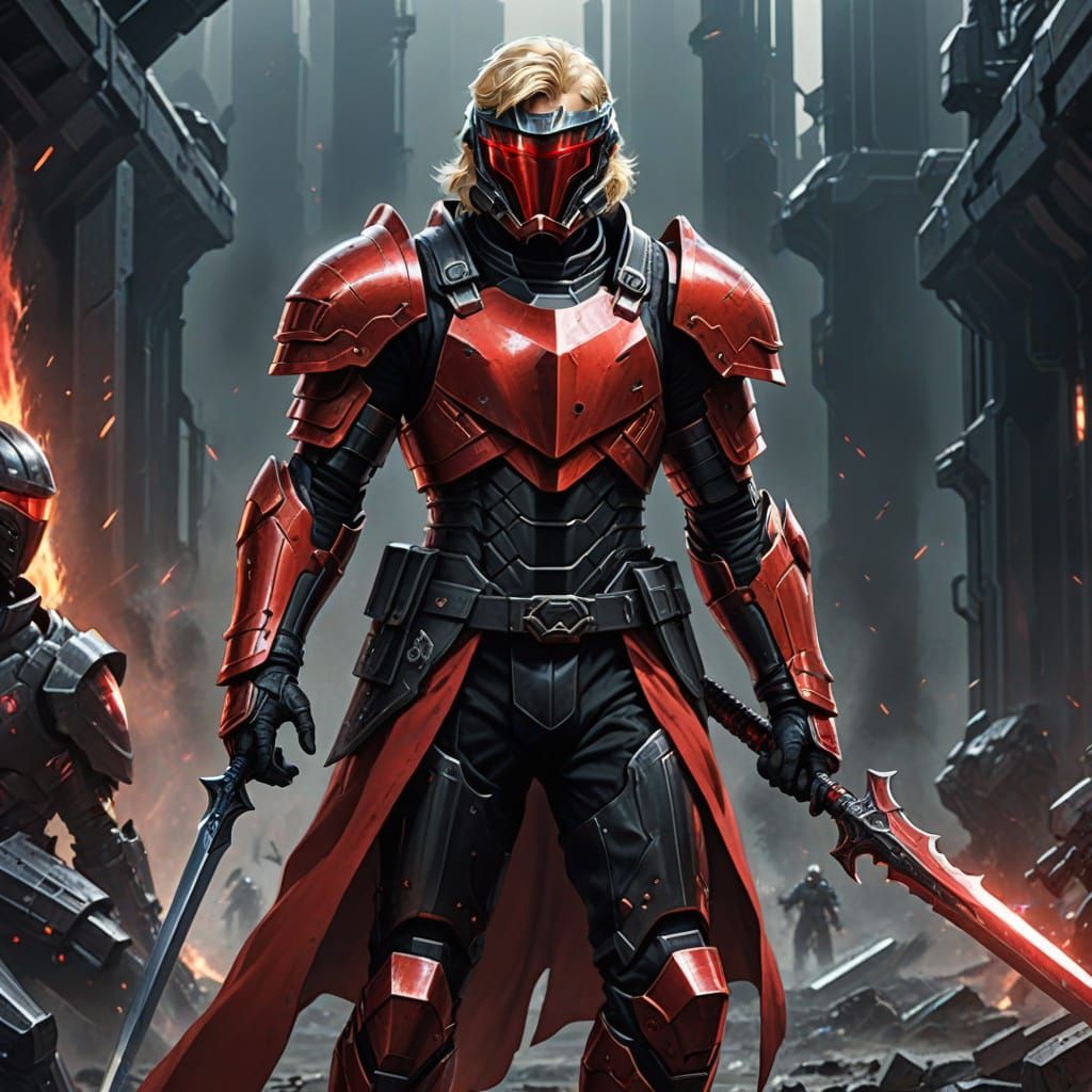 Futuristic Warrior in Black and Red Armor with Sword