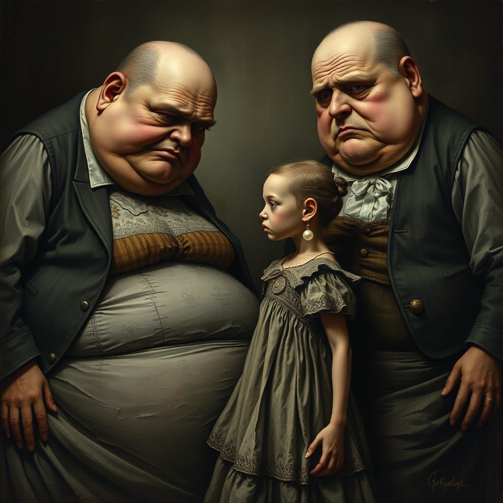 Melancholic Scene of Obese Figures and Starving Girl