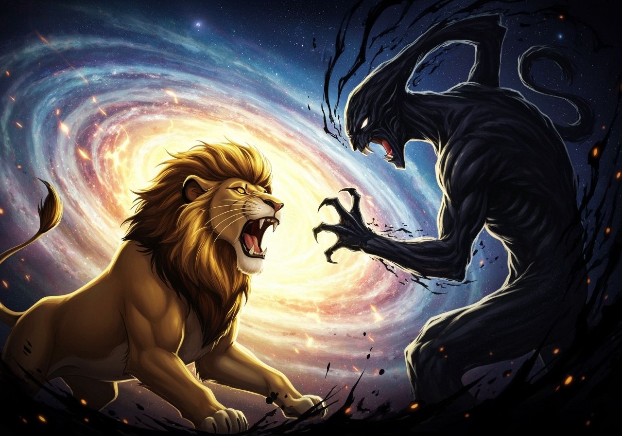 Lion King Battles Cosmic Entity in Galaxy