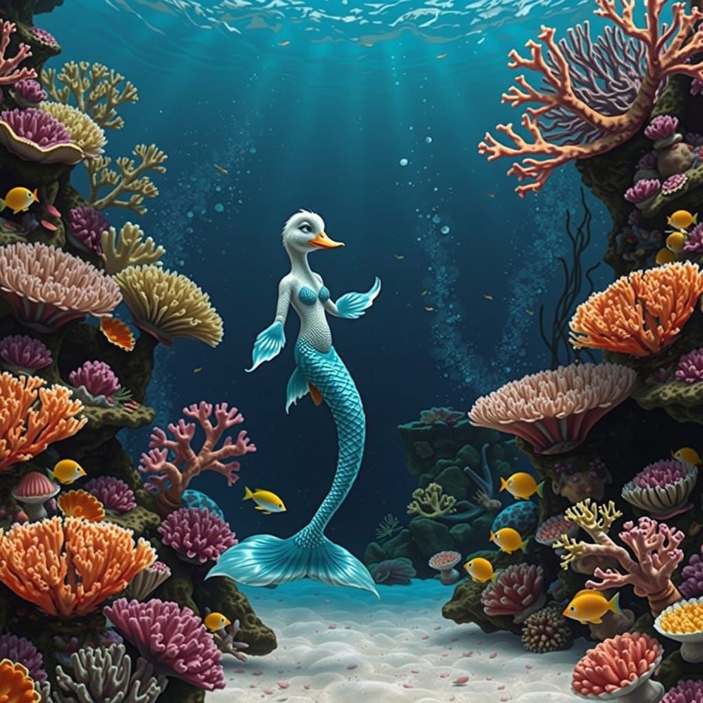 Duck with Mermaid Tail Swims Underwater in Vibrant Coral Ree...