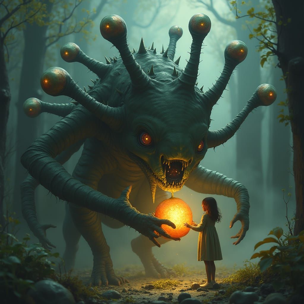 Surreal Multi-Limbed Creature Devouring Glowing Fruit