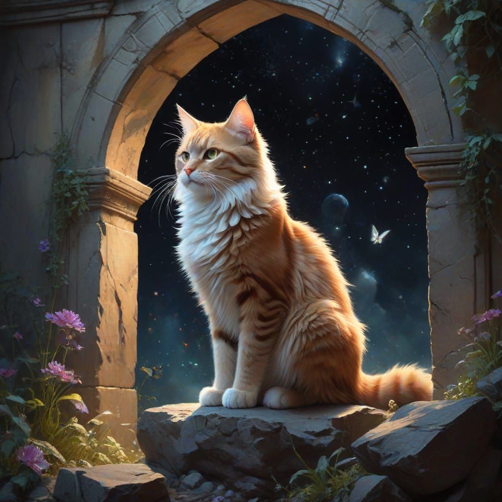 Cosmic Cat Guardian in Oil Painting Style