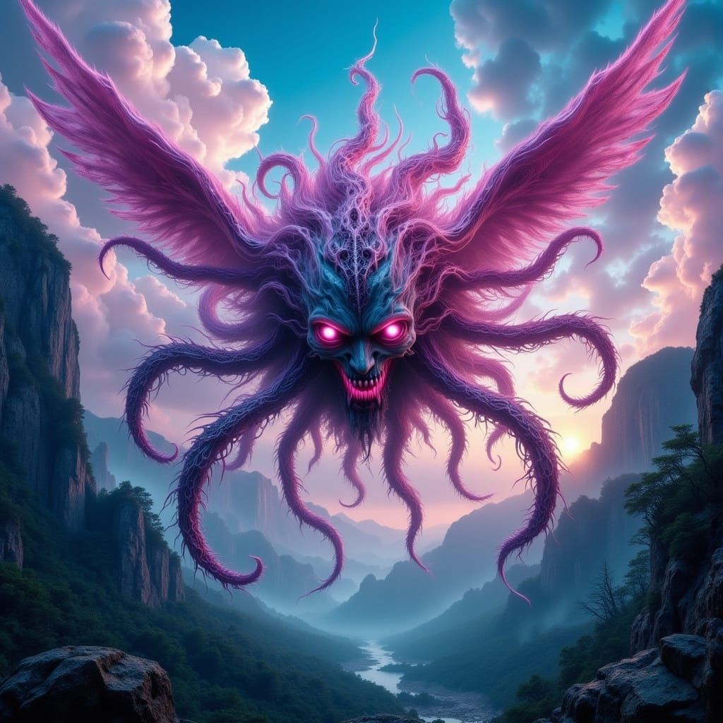 Surreal Cyberpunk Creature Soars Through Dark Fantasy Landsc...