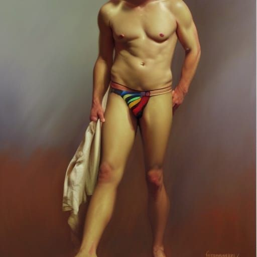 Shirtless Man Unzipping Pants in Oil Painting Style