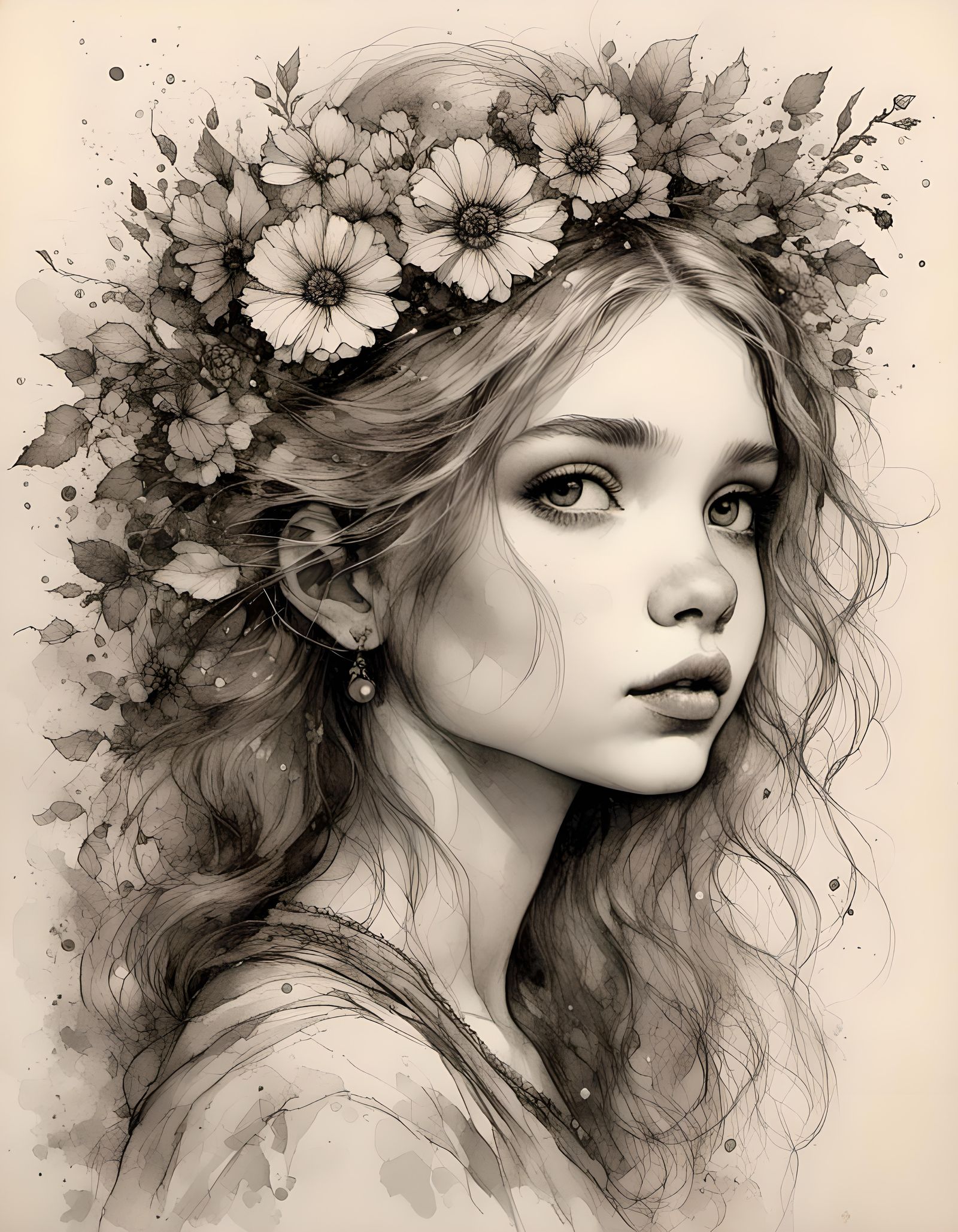 Vintage Portrait of Girl with Flowers, Pencil and Ink