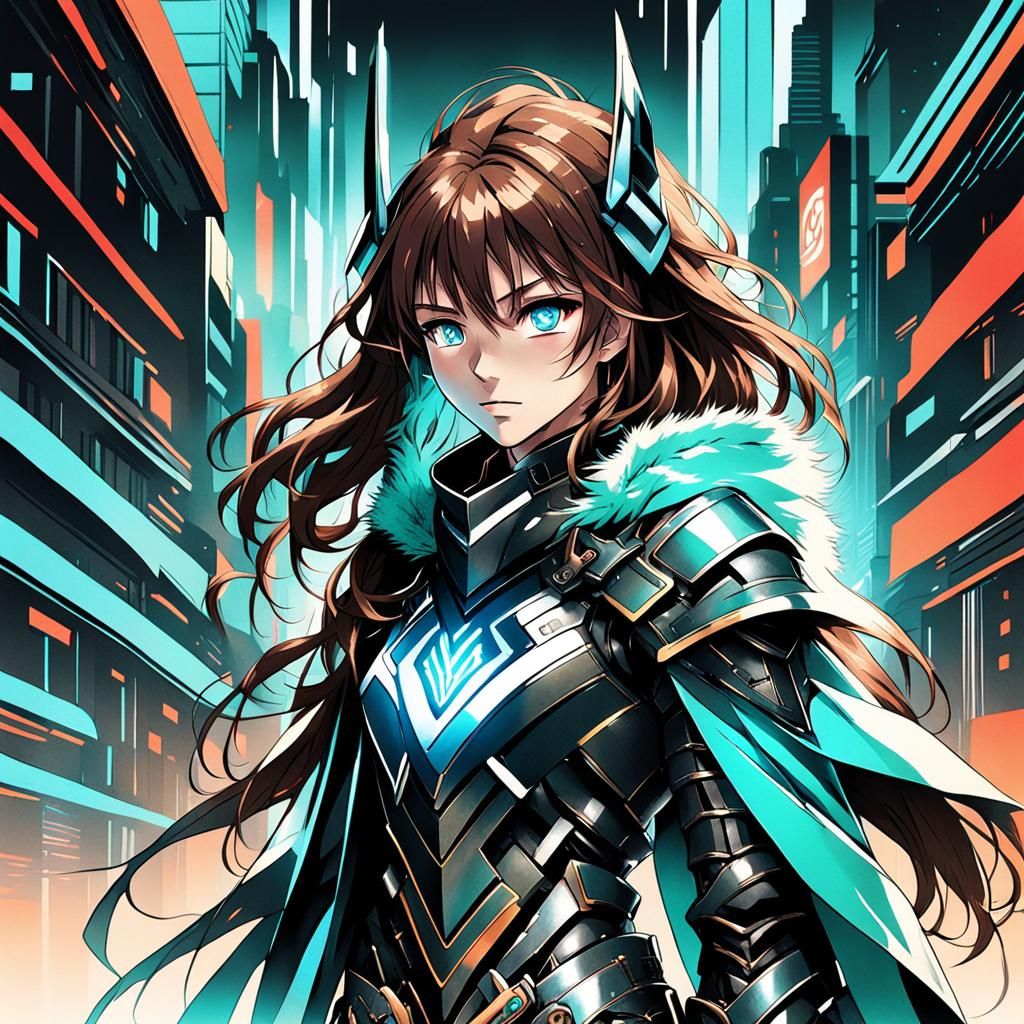 Anime Manga Girl Hero in Aqua and Brown