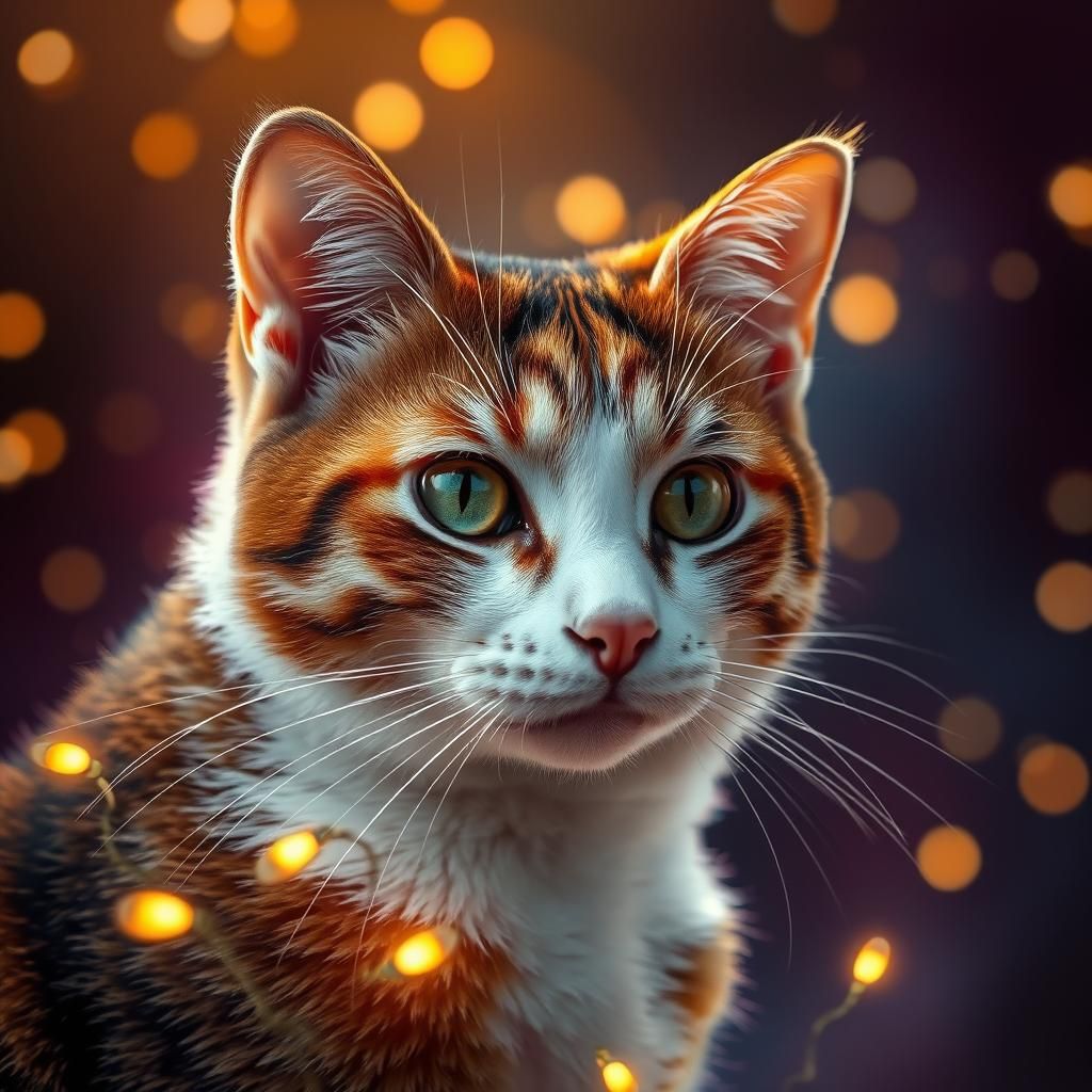 Calico Cat in Dreamlike Fairy Light Portrait