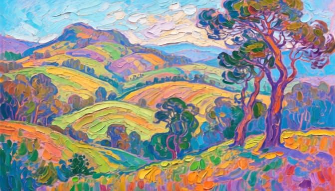 Vibrant Landscape Oil Painting: Neo-Impressionist Style