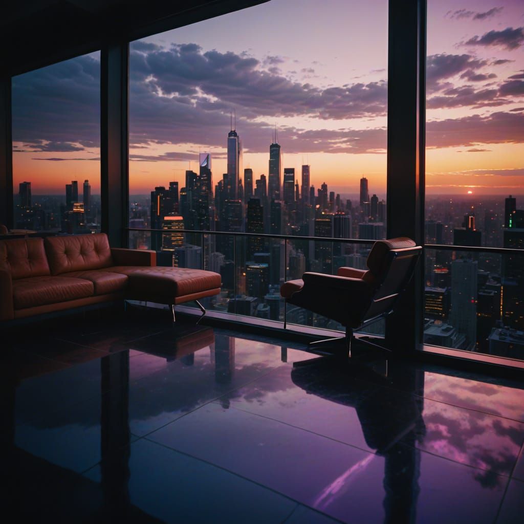 Surreal Cyberpunk Cityscape from Luxurious Penthouse Window