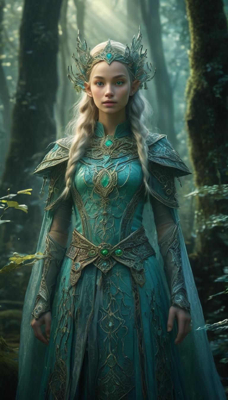 Elven Figure Healing Forest with Magic: Digital Art