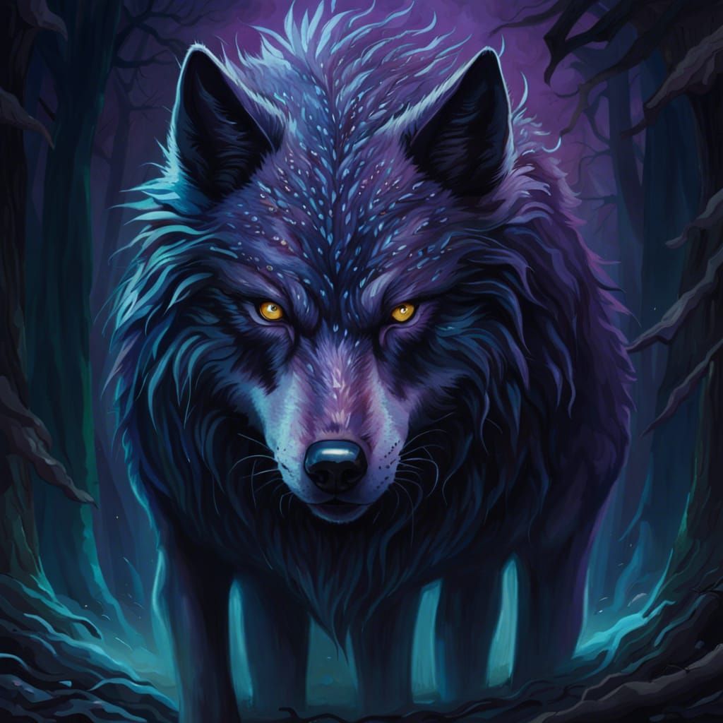 Three-Eyed Mutant Wolf in Dark Fantasy Forest
