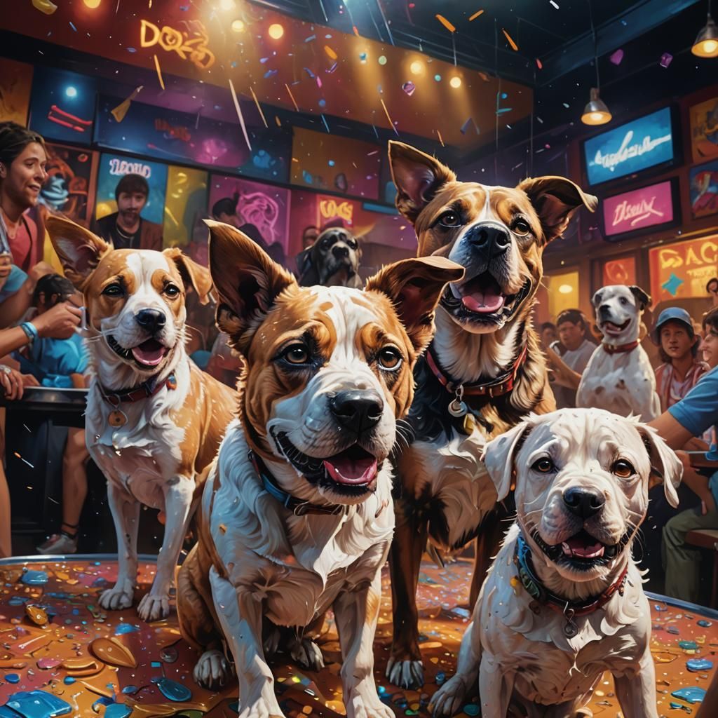 Hyperrealistic Dogs in a Vibrant Nightclub Scene
