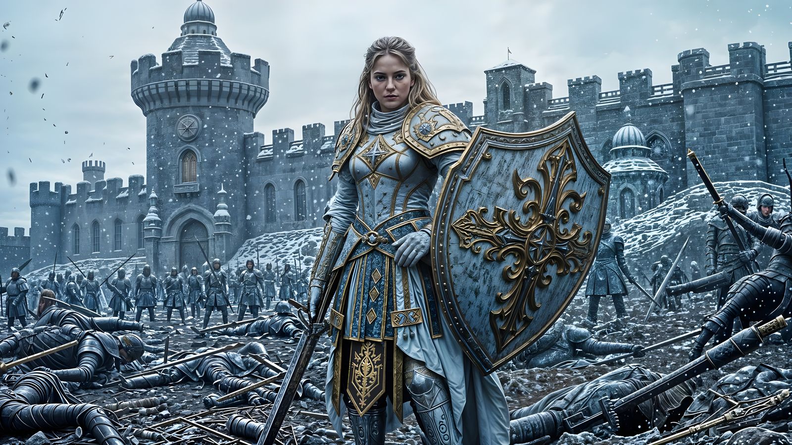 Majestic Female Paladin in Snowy Battle Scene