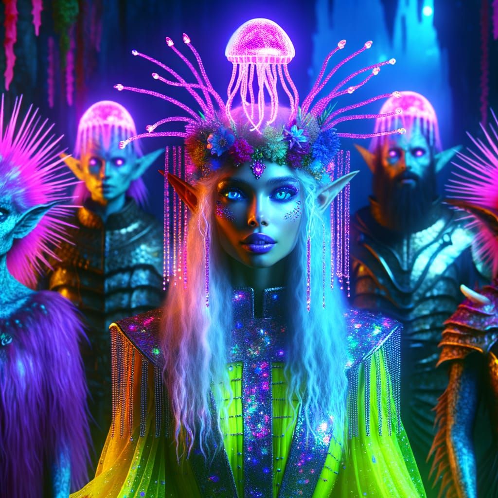 Fantasy Goddess with Neon Jellyfish Headdress in Vibrant Col...