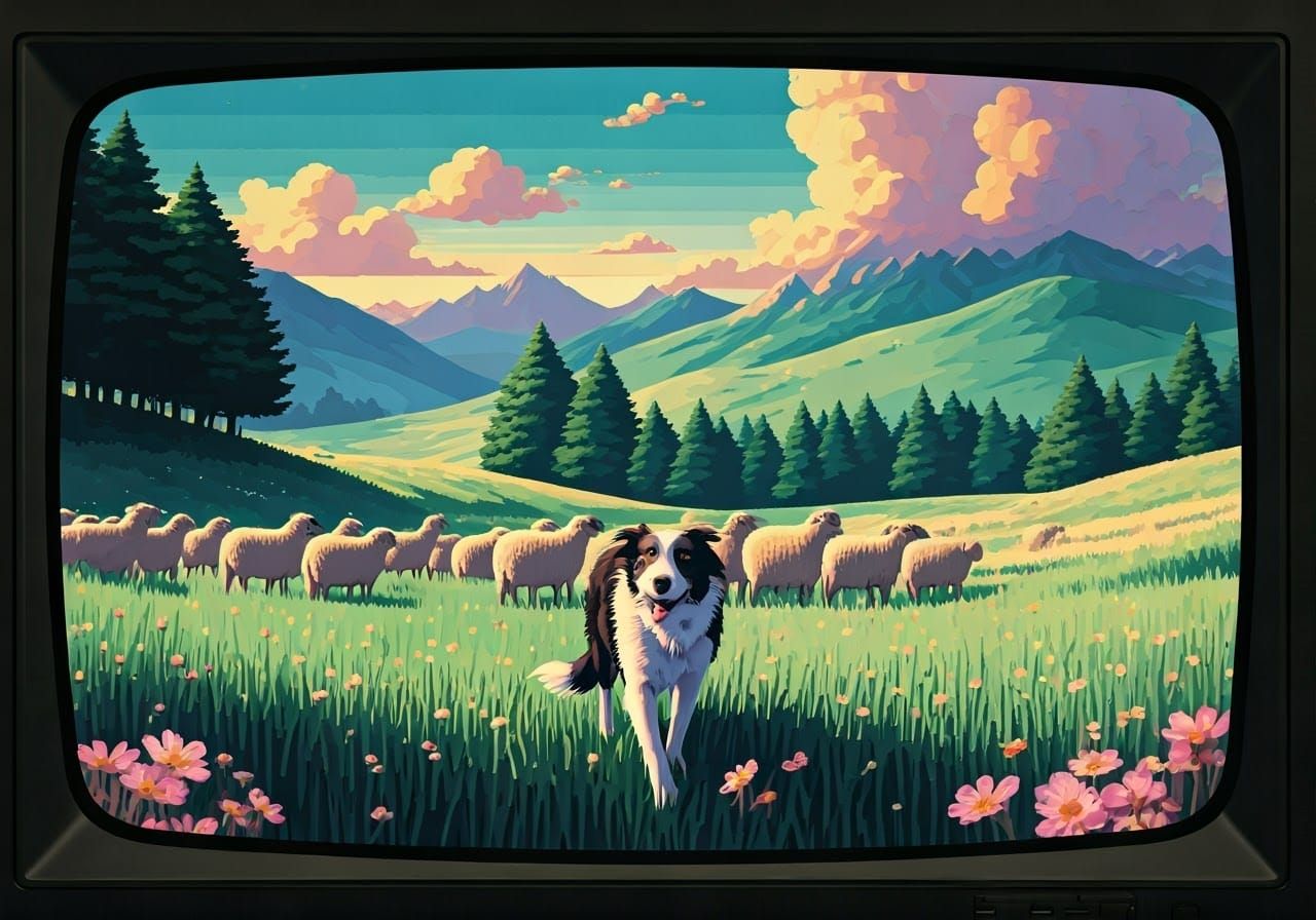 Border Collie Herding Sheep in 8-Bit Landscape