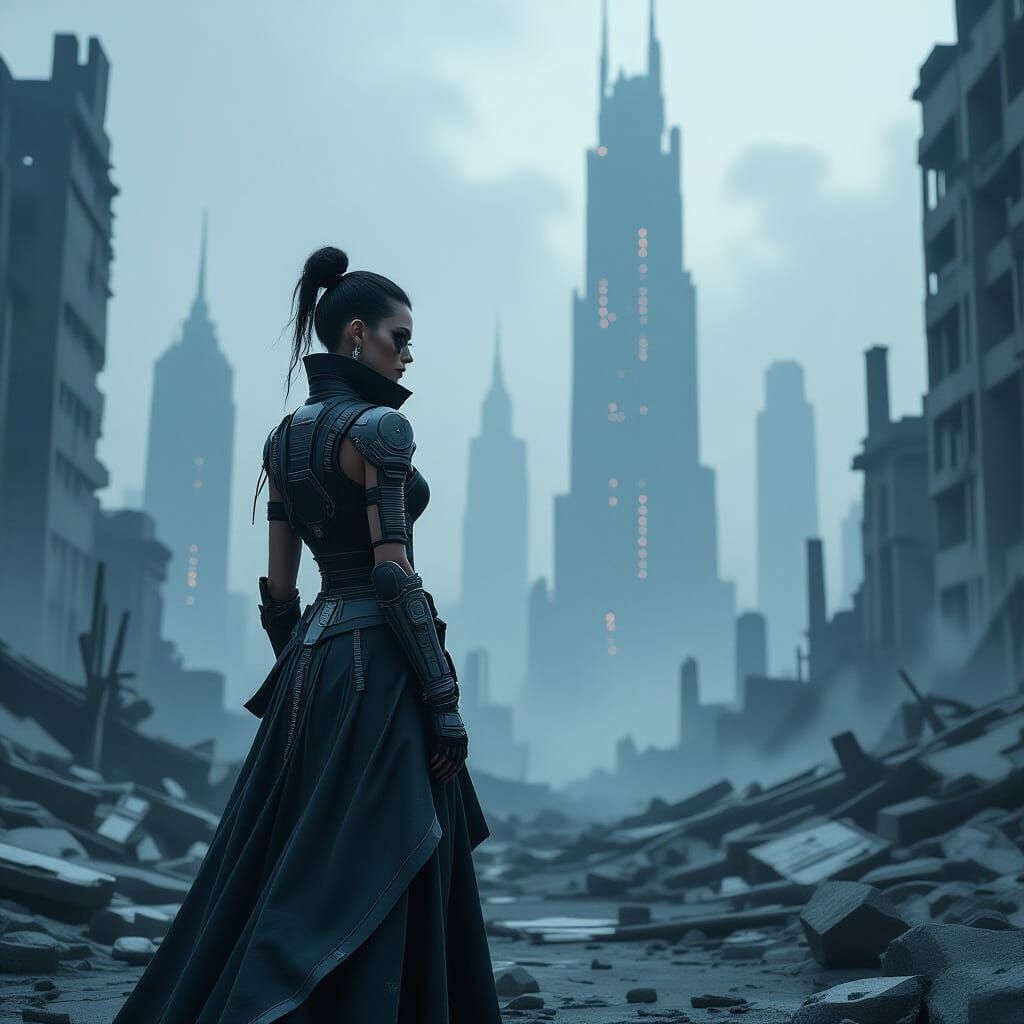 Cybernetic Model in Ruined Retro-Futuristic City