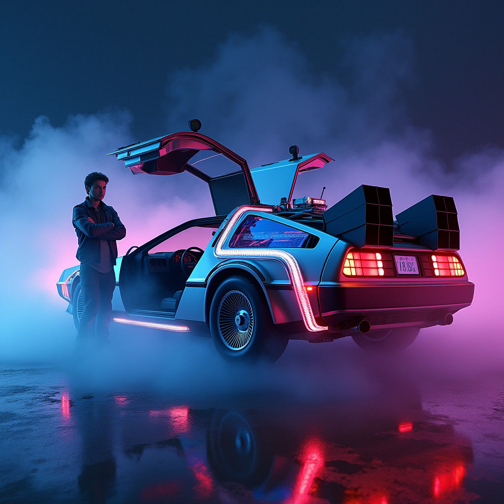 DeLorean Flat Tire in Flight Mode, Synthwave Neon