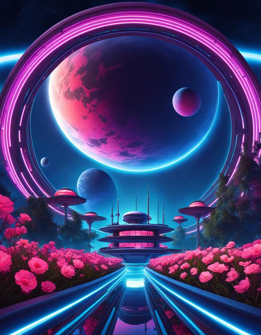 Neon Space Station Orbiting Flower Planet